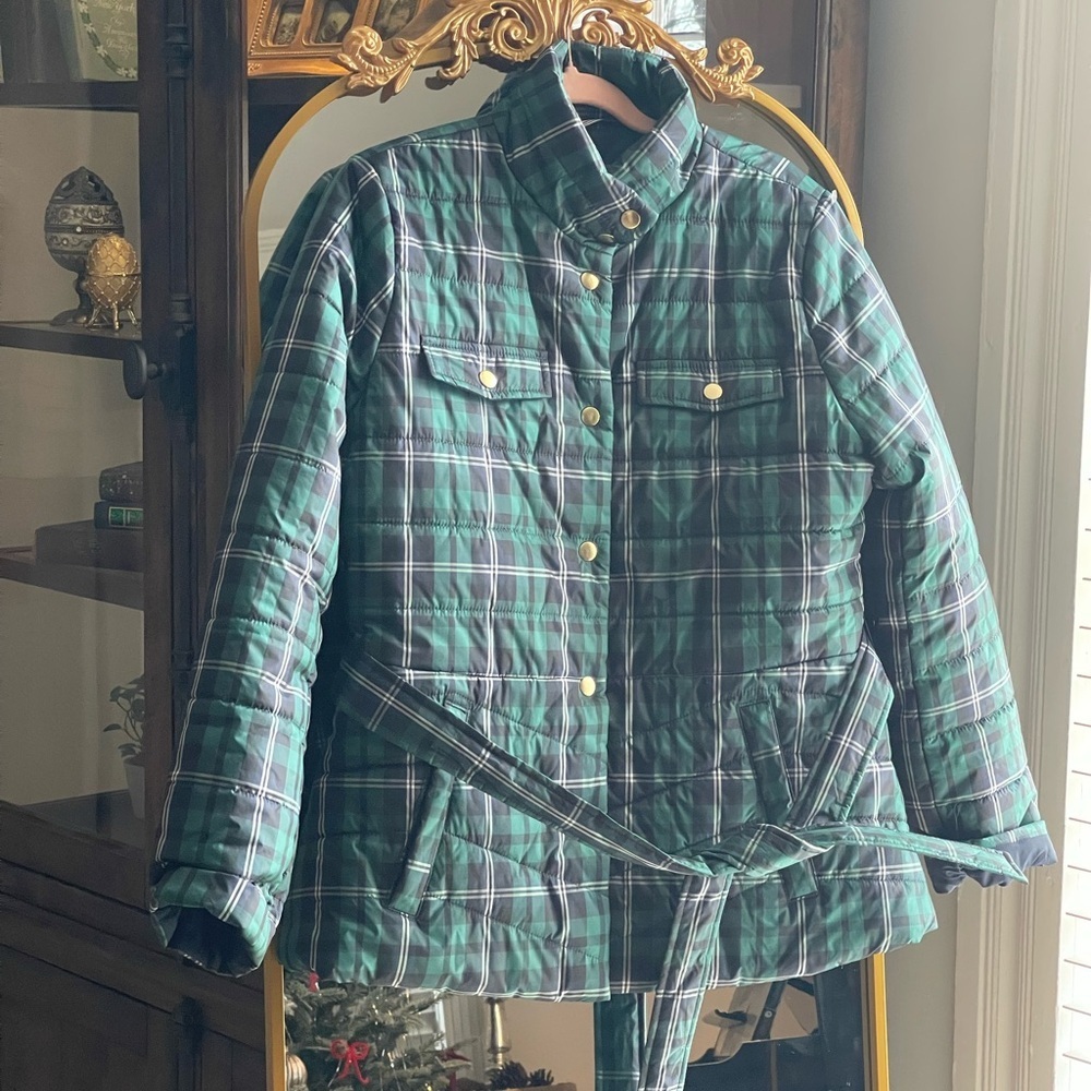 J. Crew Plaid Tartan Belted Puffer Green/Navy Coat Jacket